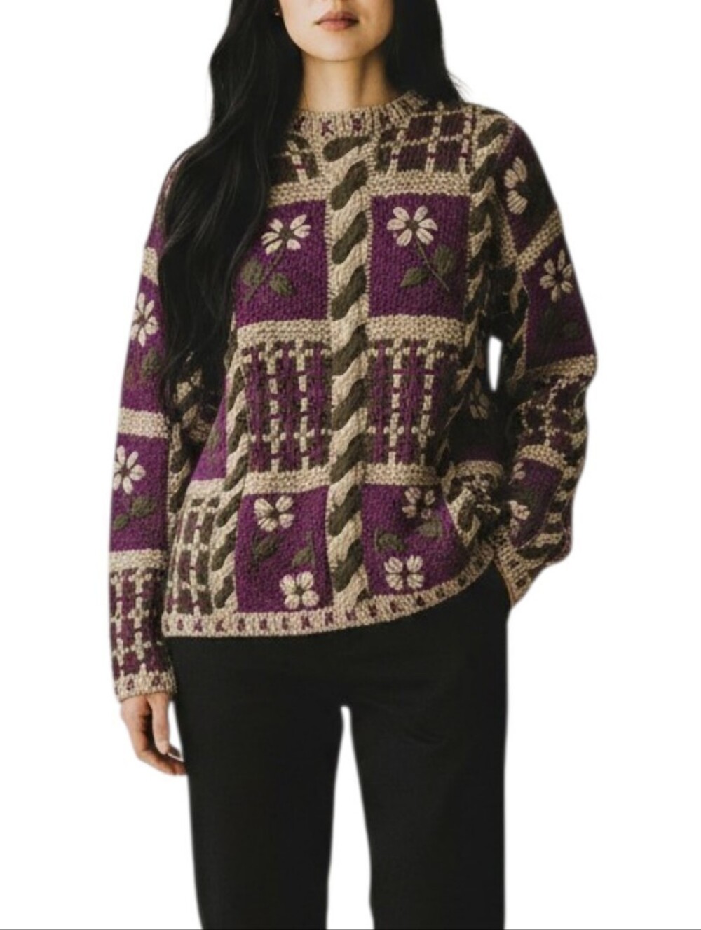 Vintage Signatures by Northern Isles Hand Knit Chunky Patchwork Sweater Purple